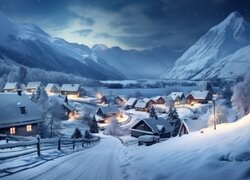 Zima, Góry, Domy, Światła, Noc, Drzewa, 2D