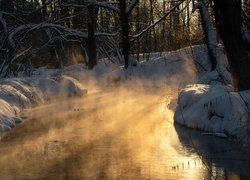 Ośnieżone brzegi rzeki w słonecznym blasku
