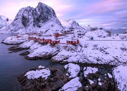 Norwegia, Morze, Góry, Lofoty, Hamnoy, Zima, Domy