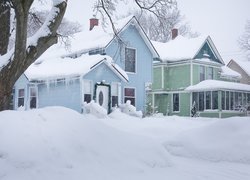 Ośnieżone domy i drzewa w głębokim śniegu