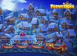 Ośnieżone domy i pociąg z prezentami z gry Farmerama