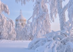 Cerkiew, Białogórski Monaster św Mikołaja, Zima, Śnieg, Ośnieżone, Drzewa, Biała Góra, Obwód permski, Rosja