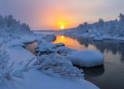 Ośnieżone drzewa i kamienie nad rzeką w porannym słońcu