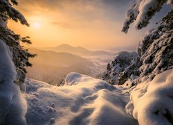 Zima, Góry, Śnieg, Drzewa, Zachód słońca