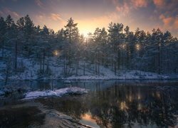 Zachód słońca, Jezioro, Zima, Drzewa, Ringerike, Norwegia