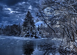 Zima, Rzeka, Drzewa, HDR