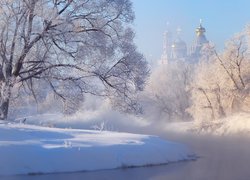 Ośnieżone drzewa nad rzeką Istra i Nowe Jeruzalem w tle