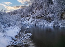 Ośnieżone drzewa po obu stronach rzeki