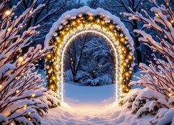 Ośnieżone gałęzie przed oświetlonym łukiem zimową porą