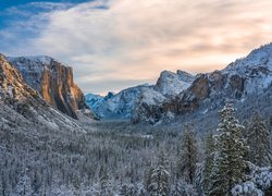 Dolina, Yosemite Valley, Park Narodowy Yosemite, Zima, Ośnieżone, Góry, Drzewa, Lasy, Stan Kalifornia, Stany Zjednoczone