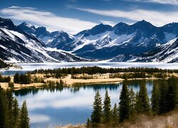 Ośnieżone góry i jezioro w dolinie
