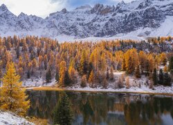 Ośnieżone góry i las nad jeziorem Soubeyran we Francji