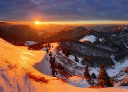 Zima, Góry, Zachód słońca, Panorama