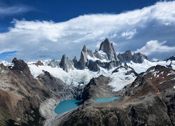 Argentyna, Patagonia, Ośnieżone, Góry, Szczyt Fitz Roy, Jeziora, Niebo