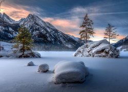 Zasypane, Śniegiem, Jezioro Hintersee, Góry, Drzewa, Niemcy, Bawaria