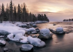 Ośnieżone kamienie i drzewa na brzegu rzeki