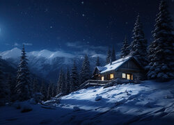 Ośnieżony dom obok drzew w świetle księżyca