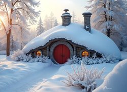 Domek, Hobbit, Drzewa, Śnieg, Zima, Grafika