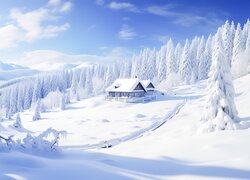 Zima, Ośnieżone, Drzewa, Domek, Grafika