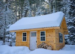 Ośnieżony drewniany dom w zimowym lesie