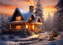 Zima, Śnieg, Noc, Dom, Światła, Ośnieżone, Drzewa, 2D