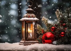Zima, Dekoracja, Lampion, Świeca, Czerwone, Bombki, Gałązki, Śnieg, Boże Narodzenie