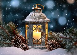 Zima, Lampion, Świeca, Szyszki, Gałęzie, Śnieg, Noc