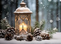 Ośnieżony lampion z zapaloną świecą oraz szyszki i gałązki na śniegu