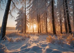 Ośnieżony las w blasku wschodzącego słońca