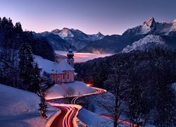 Kościół, Sanktuarium Maria Gern, Góry, Alpy Salzburskie, Lasy, Droga, Drzewa, Zima, Berchtesgaden, Bawaria, Niemcy