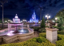 Stany Zjednoczone, Stan Floryda, Miasto Bay Lake, Walt Disney World Resort, Fontanna, Disneyland, Światła, Noc