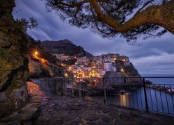 Włochy, Gmina Riomaggiore, Manarola, Cinque Terre, Morze Liguryjskie, Kolorowe, Domy, Światła, Noc, Zatoka