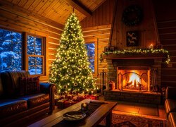Oświetlona światełkami choinka przy kominku