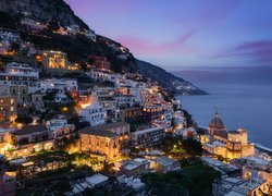 Włochy, Positano, Wybrzeże Amalfitańskie, Góry Monti Lattari, Morze, Domy, Światła