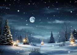 Oświetlone choinki pod gwiażdzistym niebem zimową porą w 2D