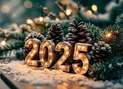 Sylwester, Nowy Rok, 2025, Gałązki, Szyszki, Śnieg