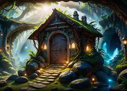 Oświetlone domki w magicznym lesie