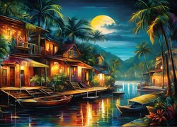 Oświetlone domy i łodzie nad rzeką w grafice