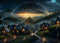 Oświetlone domy i zamek na wzgórzu w świetle księżyca