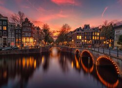 Holandia, Amsterdam, Rzeka, Kanał Leidsegracht, Most, Drzewa, Domy, Światła, Zachód słońca