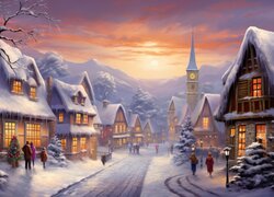 Oświetlone domy po obu stronach ulicy na tle gór w zimowej scenerii