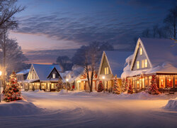 Zima, Śnieg, Noc, Ulica, Domy, Światła, Drzewa, Choinki, Boże Narodzenie