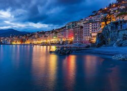 Wybrzeże, Oświetlone, Domy, Morze, Camogli, Liguria, Włochy