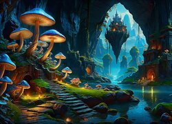 Rzeka, Jaskinia, Drzewa, Grzyby, Schody, Fantasy