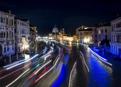 Noc, Bazylika św Marka, Kanał, Światła, Canal Grande, Domy, Wenecja, Włochy