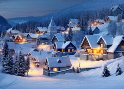 Oświetlone nocą domy w górach w zimowej scenerii