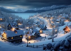 Oświetlone nocą domy w górskiej dolinie zimową porą