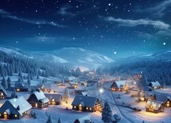 Oświetlone nocą domy w górskiej dolinie zimową porą