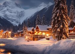 Oświetlone nocą domy w zimowych górach
