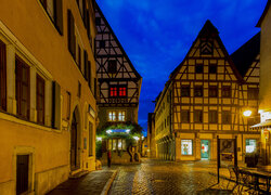 Domy, Ulica, Latarnia, Noc, Rothenburg, Niemcy